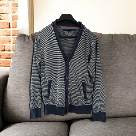 Tommy Hilfiger Sweater Adult Small Blue Cardigan Knit Pockets Striped Mens - Picture 1 of 12